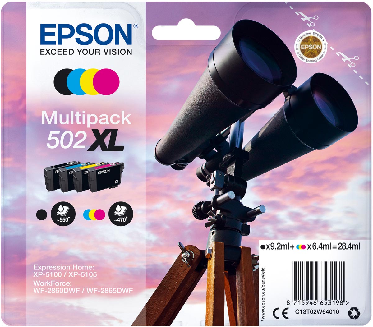 Epson inktcartridge 502XL, 470 - 550 pagina&apos;s, OEM C13T02W64010, 4 kleuren afbeelding
