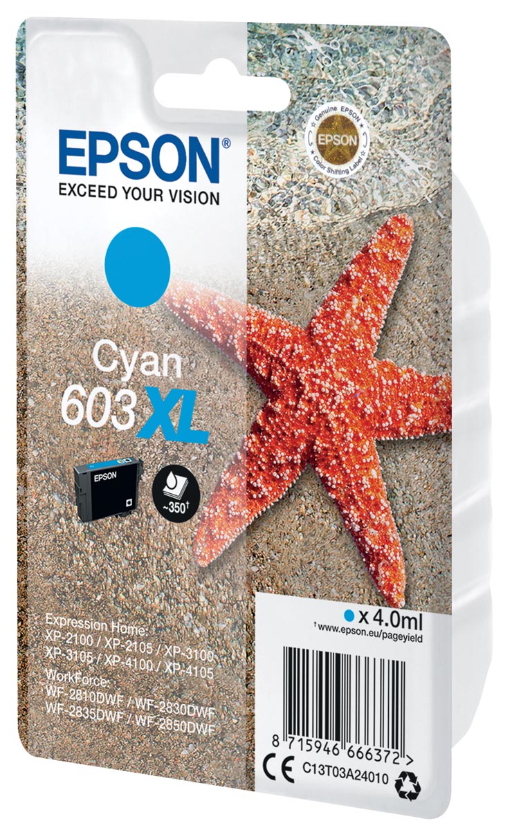 Epson inktcartridge 603 XL, 4 ml, OEM C13T03A24010, cyaan afbeelding