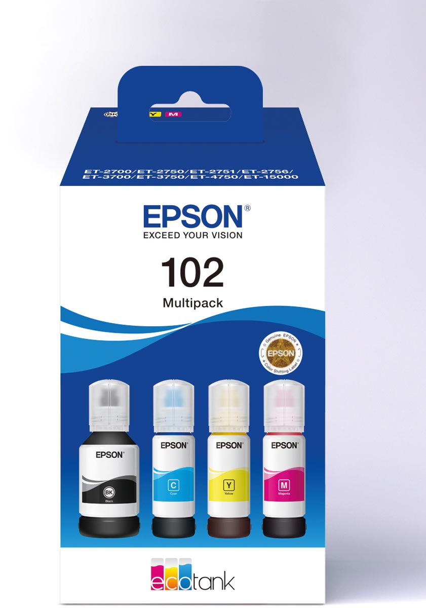 Epson inktfles 102, 6.000 - 7.500 pagina&apos;s, OEM C13T03R640, 4 kleuren afbeelding