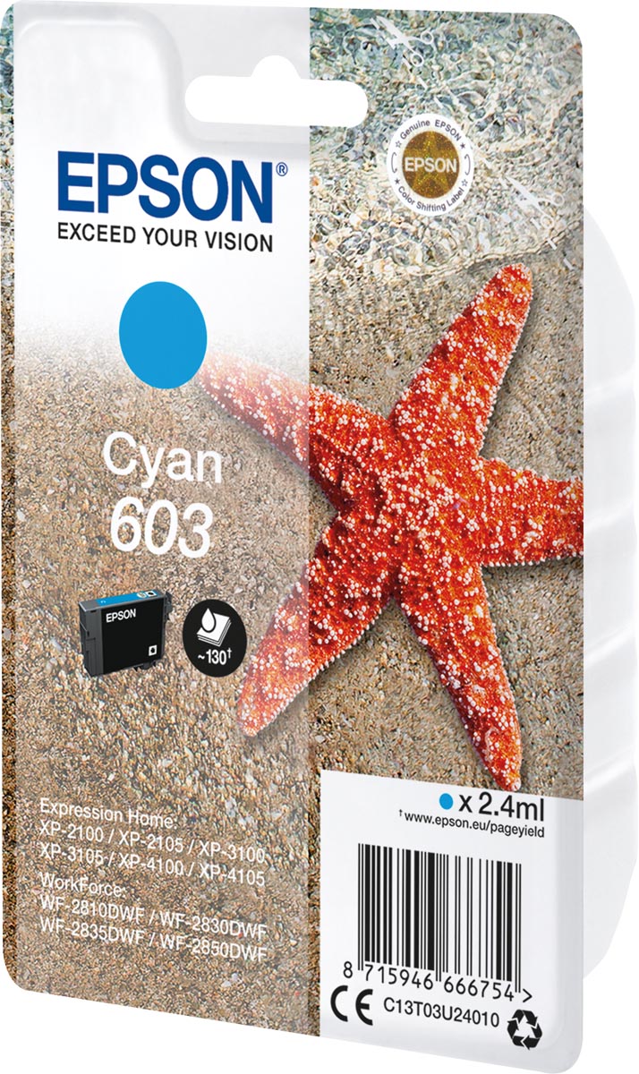 Epson inktcartridge 603, 130 pagina&apos;s, OEM C13T03U24010, cyaan afbeelding