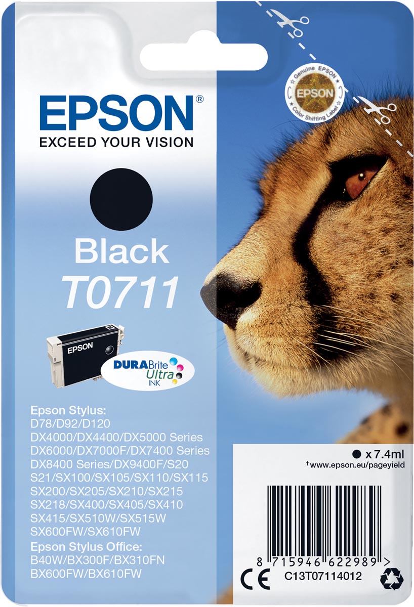 Epson inktcartridge T0711, 245 pagina&apos;s, OEM C13T07114012, zwart afbeelding