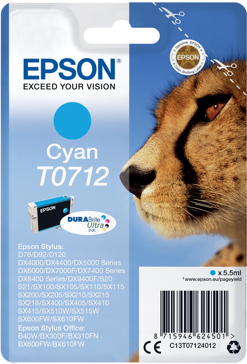 Epson inktcartridge T0712, 345 pagina&apos;s, OEM C13T07124012, cyaan afbeelding