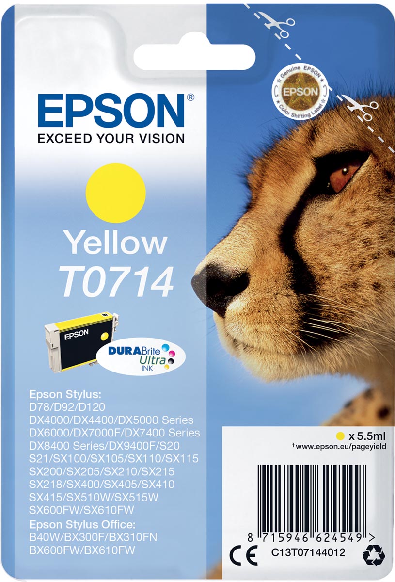 Epson inktcartridge T0714, 415 pagina&apos;s, OEM C13T07144012, geel afbeelding