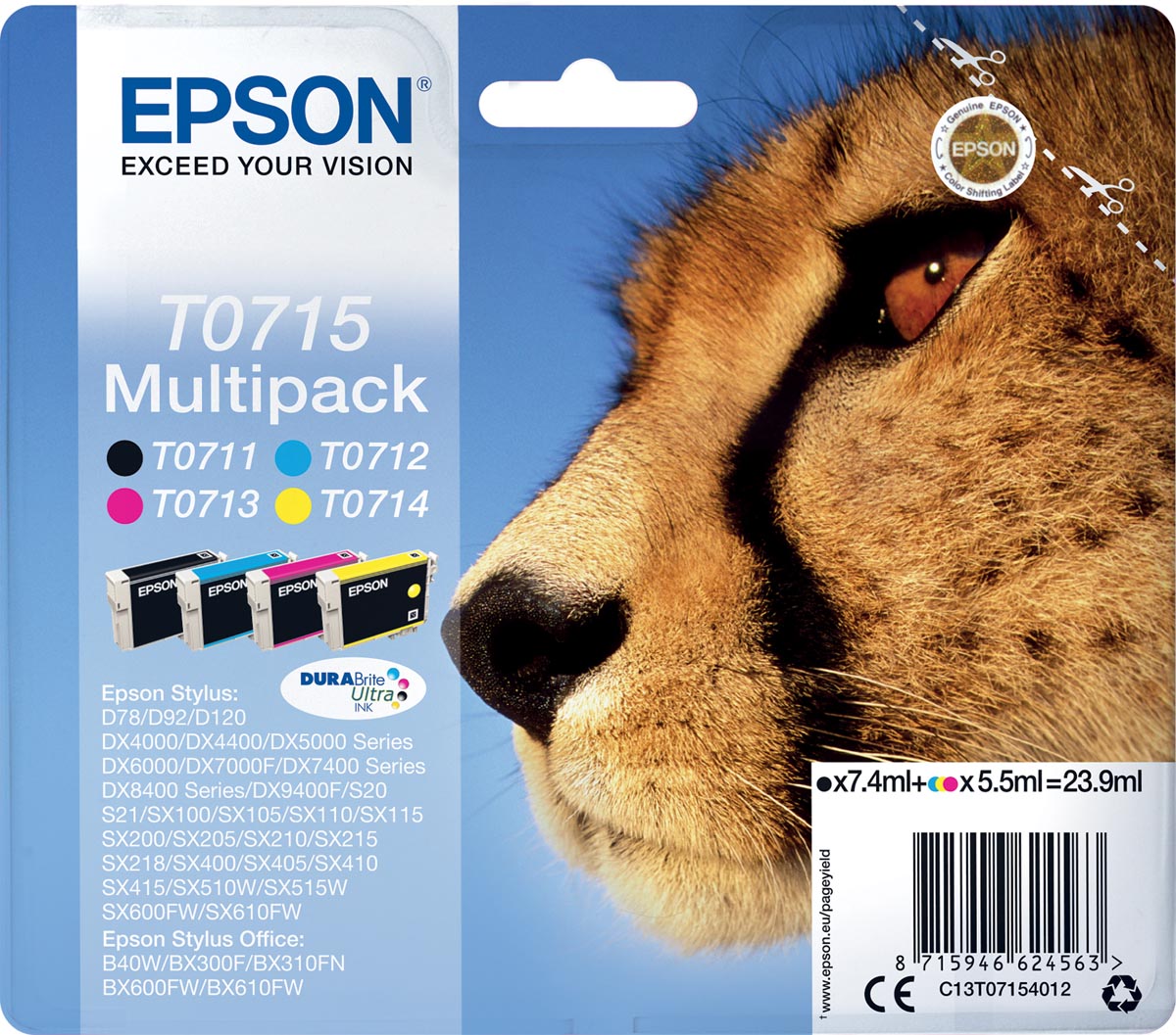 Epson inktcartridge T0715,250-415 pagina&apos;s, OEM C13T07154012, 4 kleuren afbeelding