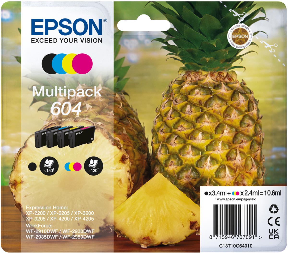 Epson inktcartridge 604, 130 - 150 pagina&apos;s, OEM C13T10G64010, 4 kleuren afbeelding