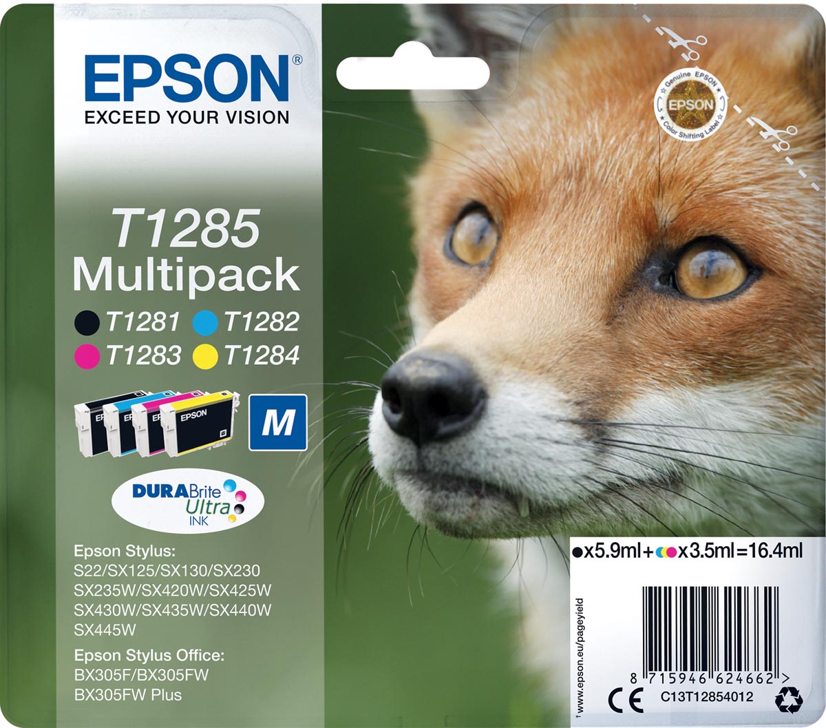 Epson inktcartridge T1285, 140-225 pagina&apos;s, OEM C13T12854012, 4 kleuren afbeelding