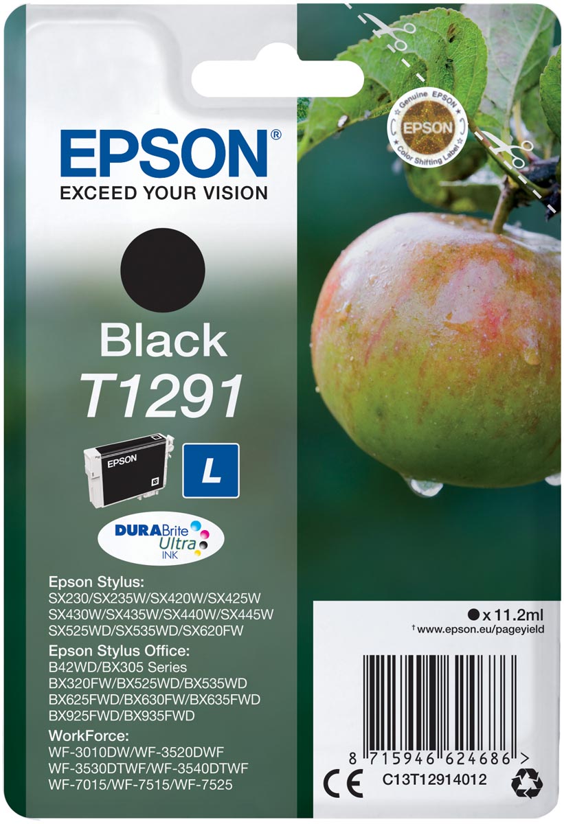 Epson inktcartridge T1291, 380 pagina&apos;s, OEM C13T12914012, zwart afbeelding