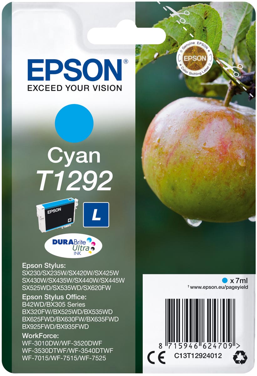 Epson inktcartridge T1292, 460 pagina&apos;s, OEM C13T12924012, cyaan afbeelding