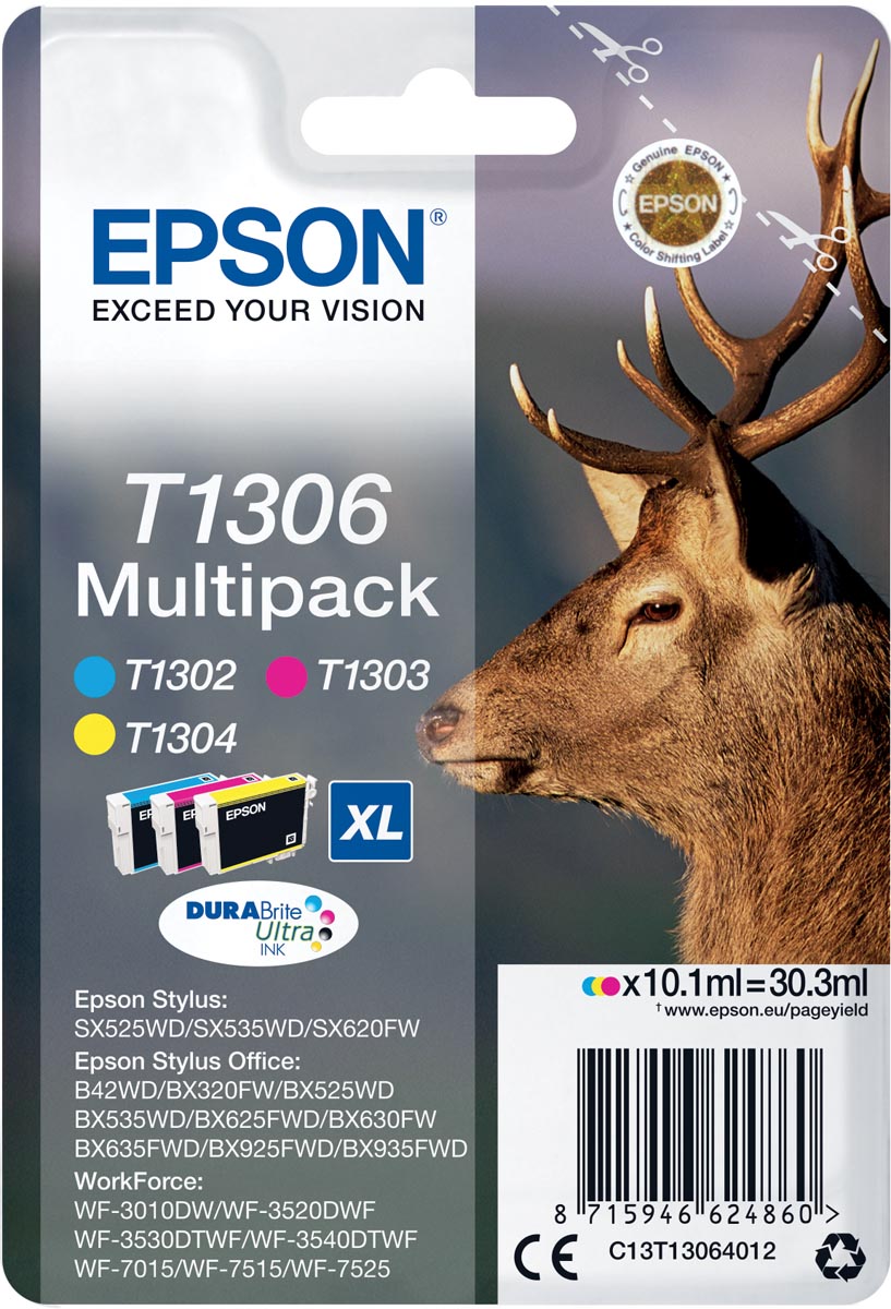 Epson inktcartridge T1306, 600-1.005 pagina&apos;s, OEM C13T13064012, 3 kleuren afbeelding