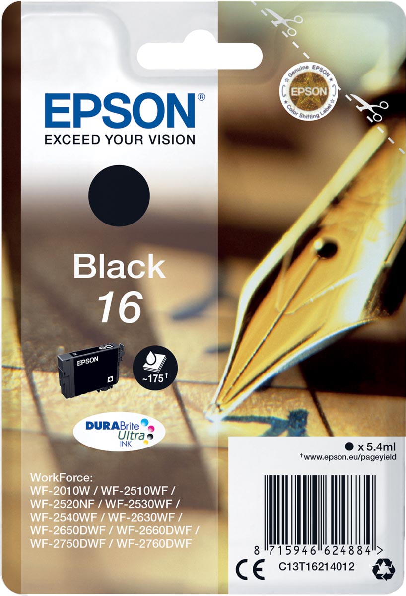Epson inktcartridge 16, 175 pagina&apos;s, OEM C13T16214012, zwart afbeelding
