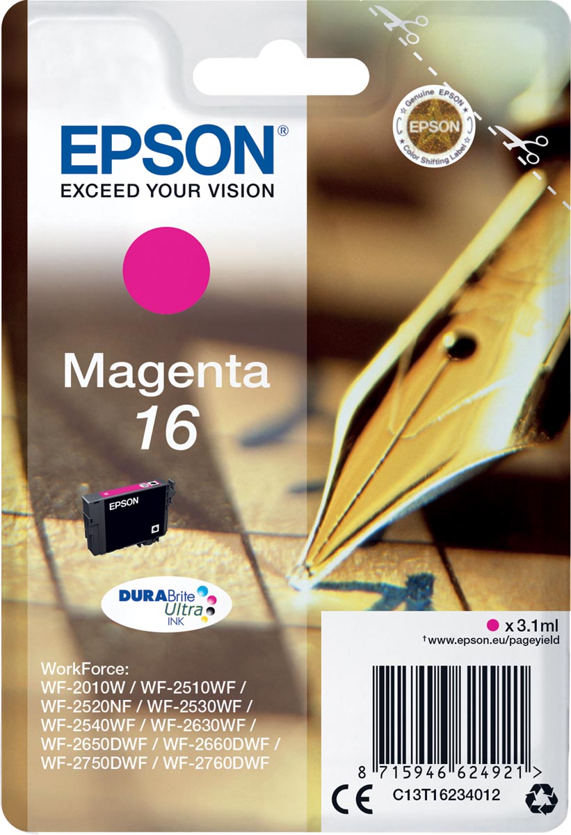 Epson inktcartridge 16, 165 pagina's, OEM C13T16234012, magenta
