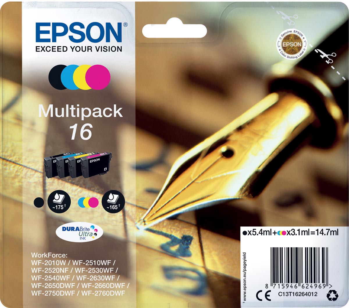 Epson inktcartridge 16, 165-175 pagina&apos;s, OEM C13T16264012, 4 kleuren afbeelding