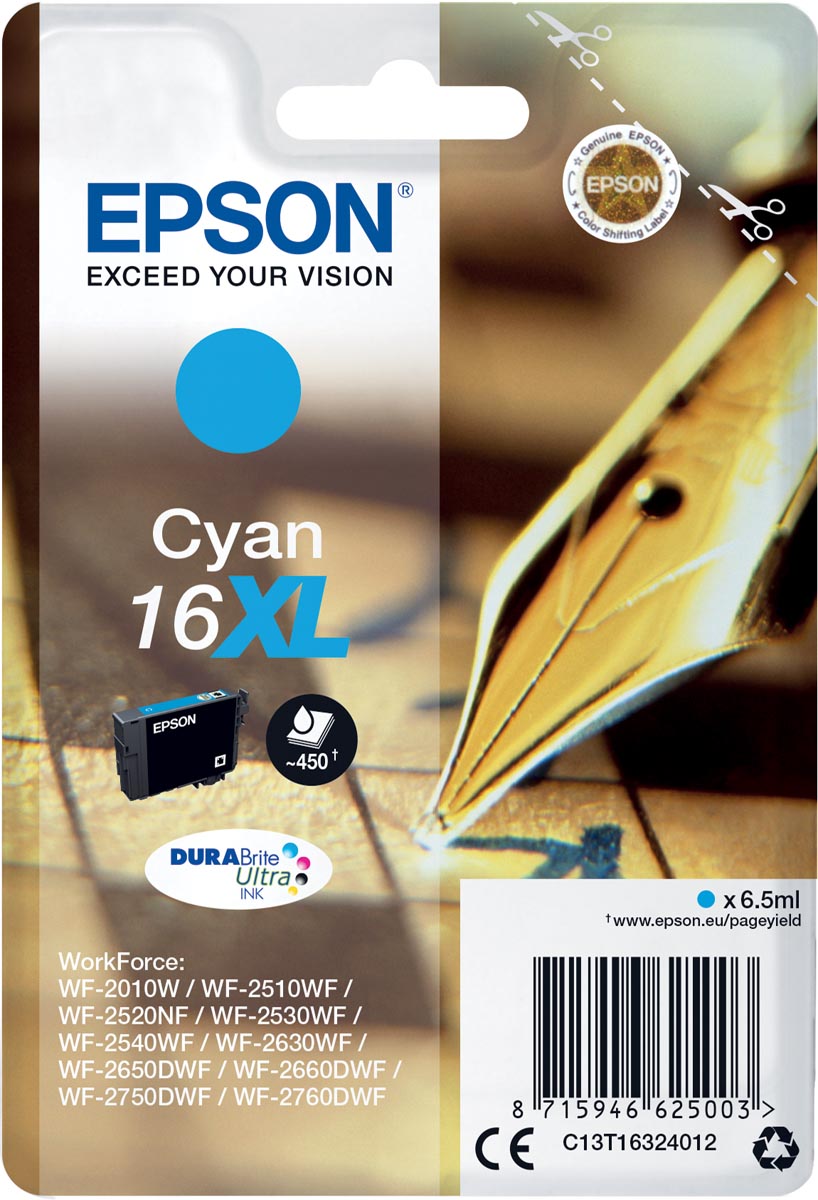 Epson inktcartridge 16XL, 450 pagina&apos;s, OEM C13T16324012, cyaan afbeelding