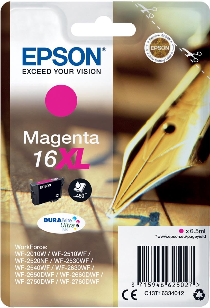 Epson inktcartridge 16XL, 450 pagina's, OEM C13T16334012, magenta