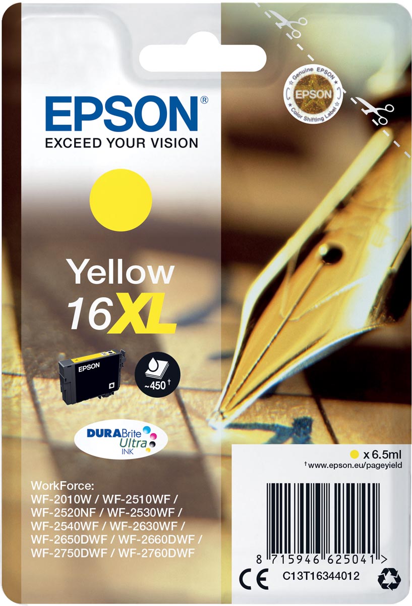 Epson inktcartridge 16XL, 450 pagina&apos;s, OEM C13T16344012, geel afbeelding
