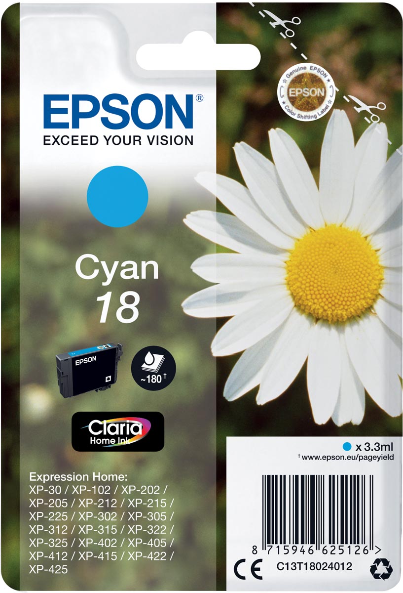 Epson inktcartridge 18, 180 pagina&apos;s, OEM C13T18024012, cyaan afbeelding