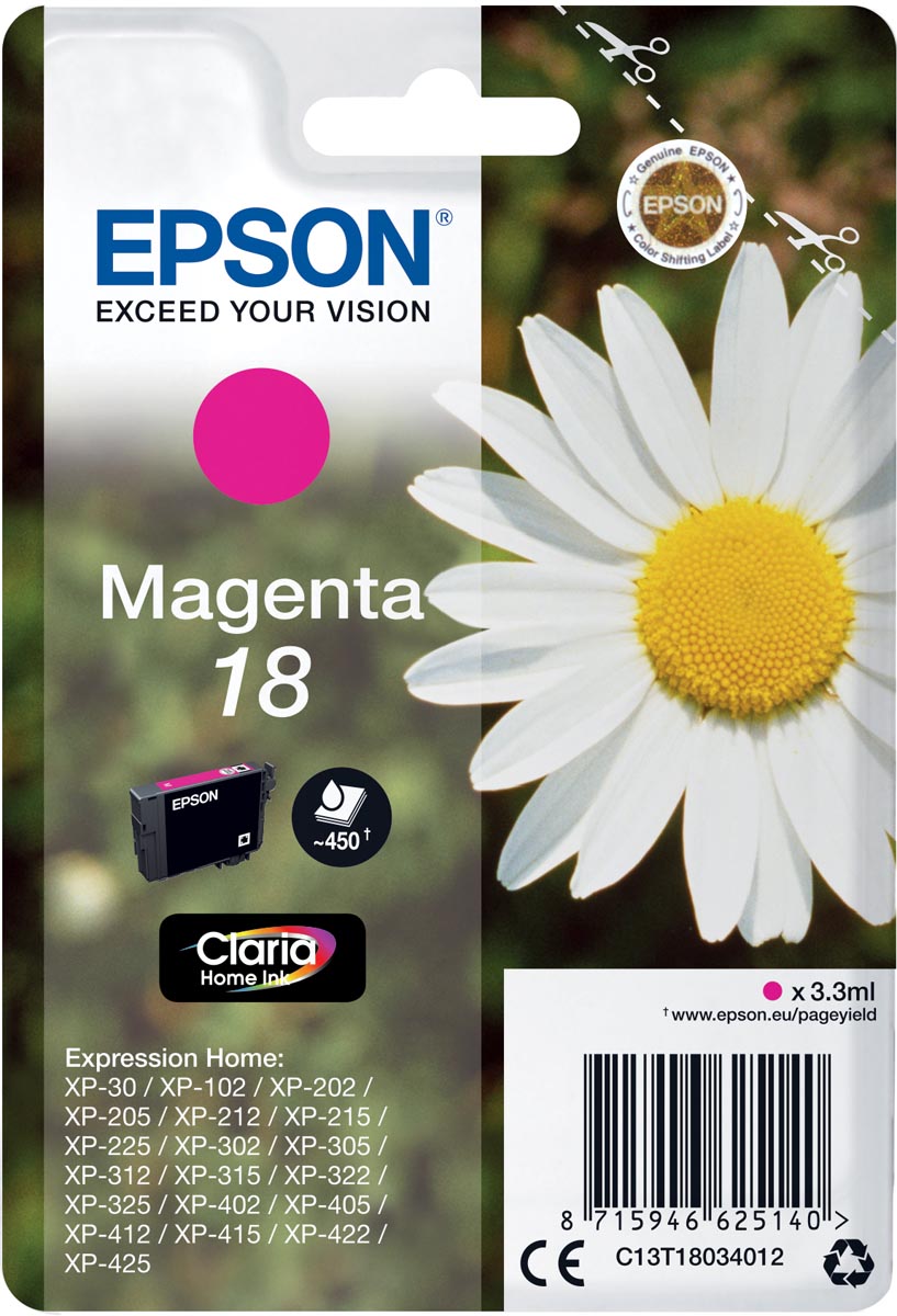 Epson inktcartridge 18, 180 pagina's, OEM C13T18034012, magenta