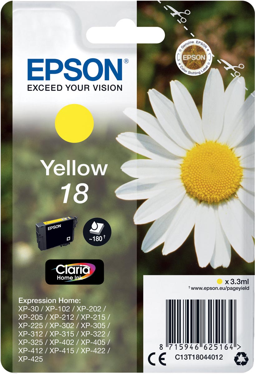 Epson inktcartridge 18, 180 pagina's, OEM C13T18044012, geel