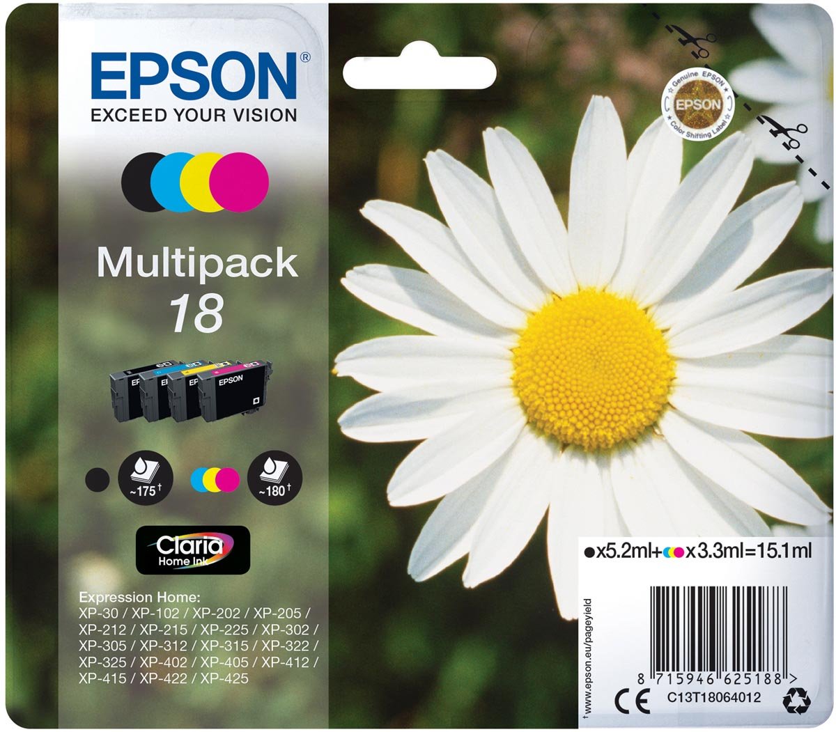 Epson inktcartridge 18, 175 pagina&apos;s, OEM C13T18064012, 4 kleuren afbeelding