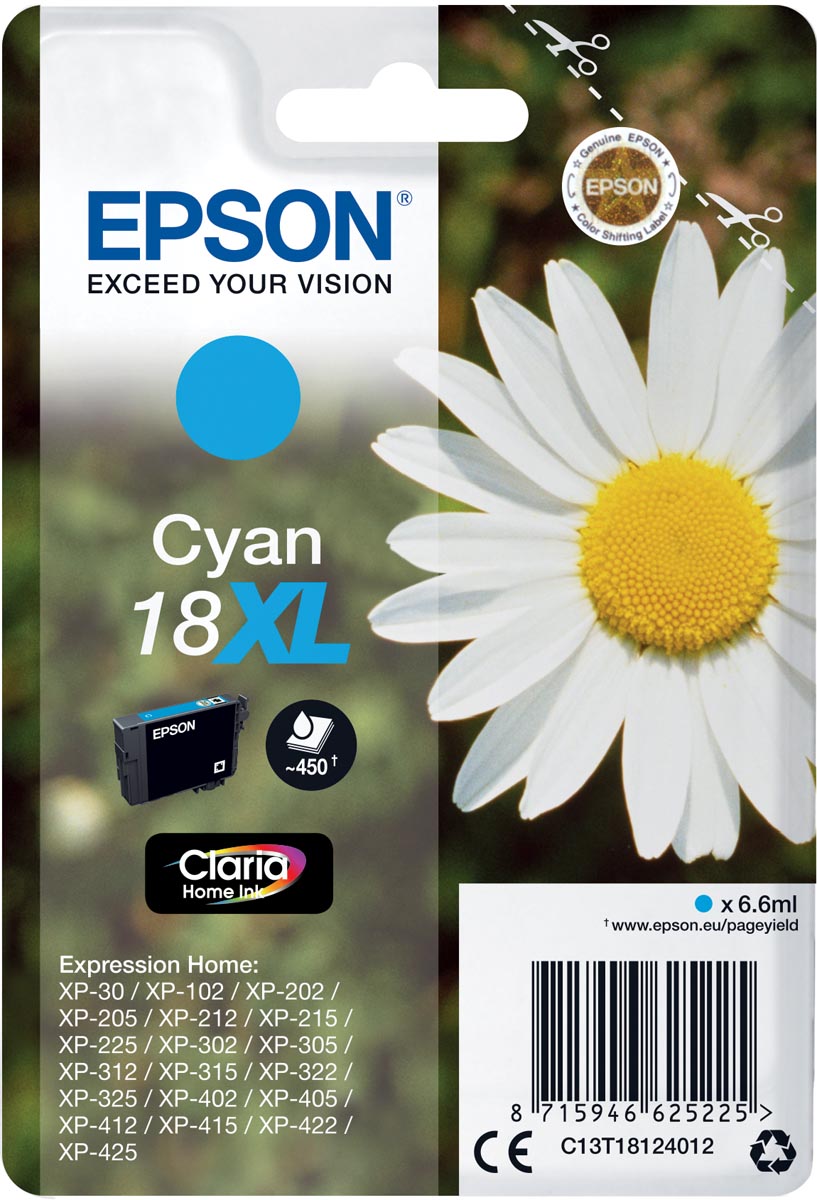 Epson inktcartridge 18XL, 450 pagina&apos;s, OEM C13T18124012, cyaan afbeelding