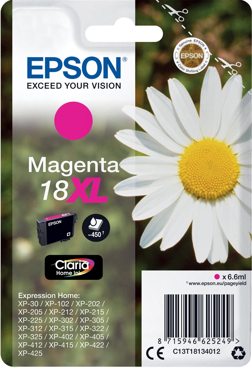 Epson inktcartridge 18XL, 450 pagina's, OEM C13T18134012, magenta