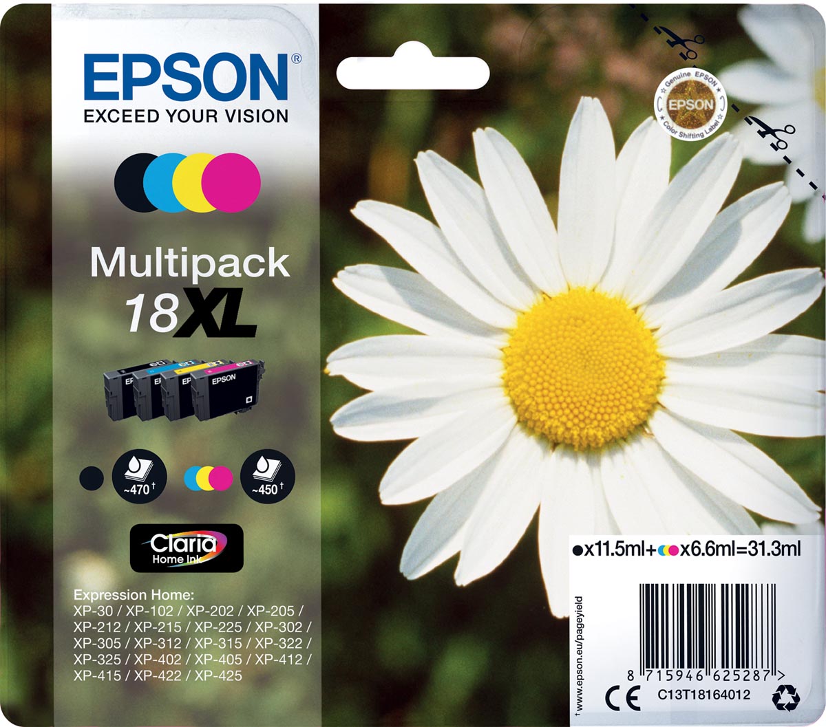 Epson inktcartridge 18XL, 450 pagina&apos;s, OEM C13T18164012, 4 kleuren afbeelding