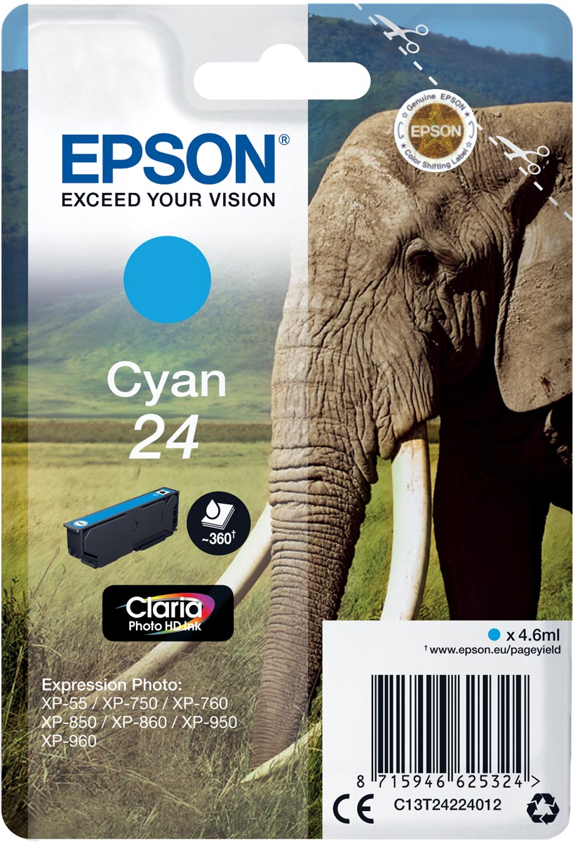Epson inktcartridge 24, 360 pagina's, OEM C13T24224012, cyaan