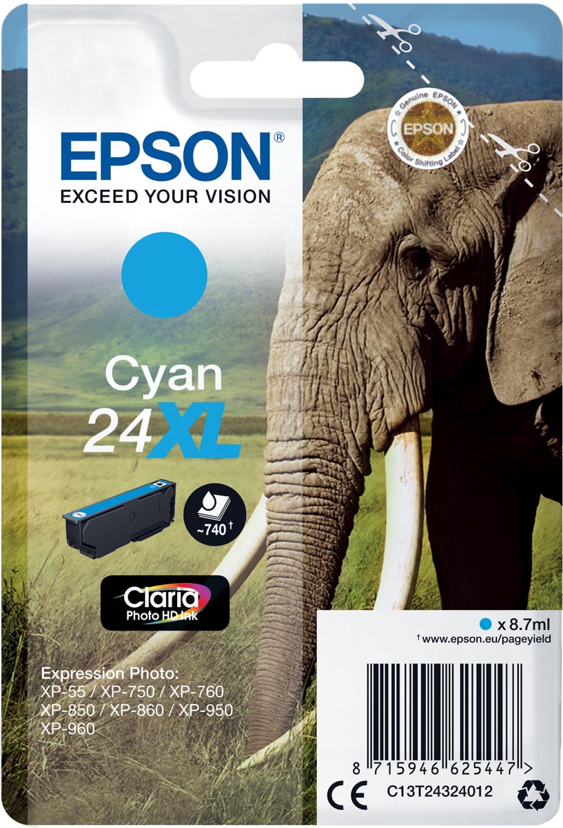 Epson inktcartridge 24XL, 500 pagina's, OEM C13T24324012, cyaan