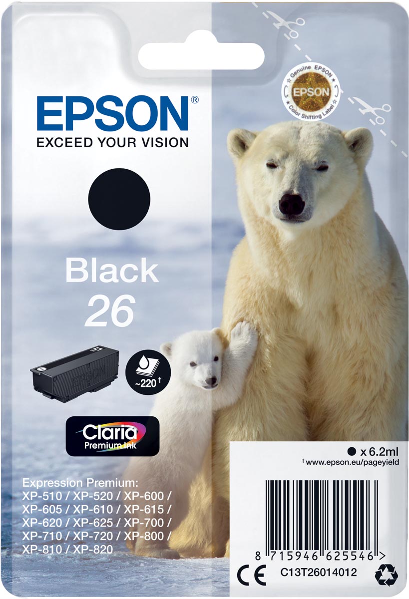 Epson inktcartridge 26, 220 pagina's, OEM C13T26014012, zwart