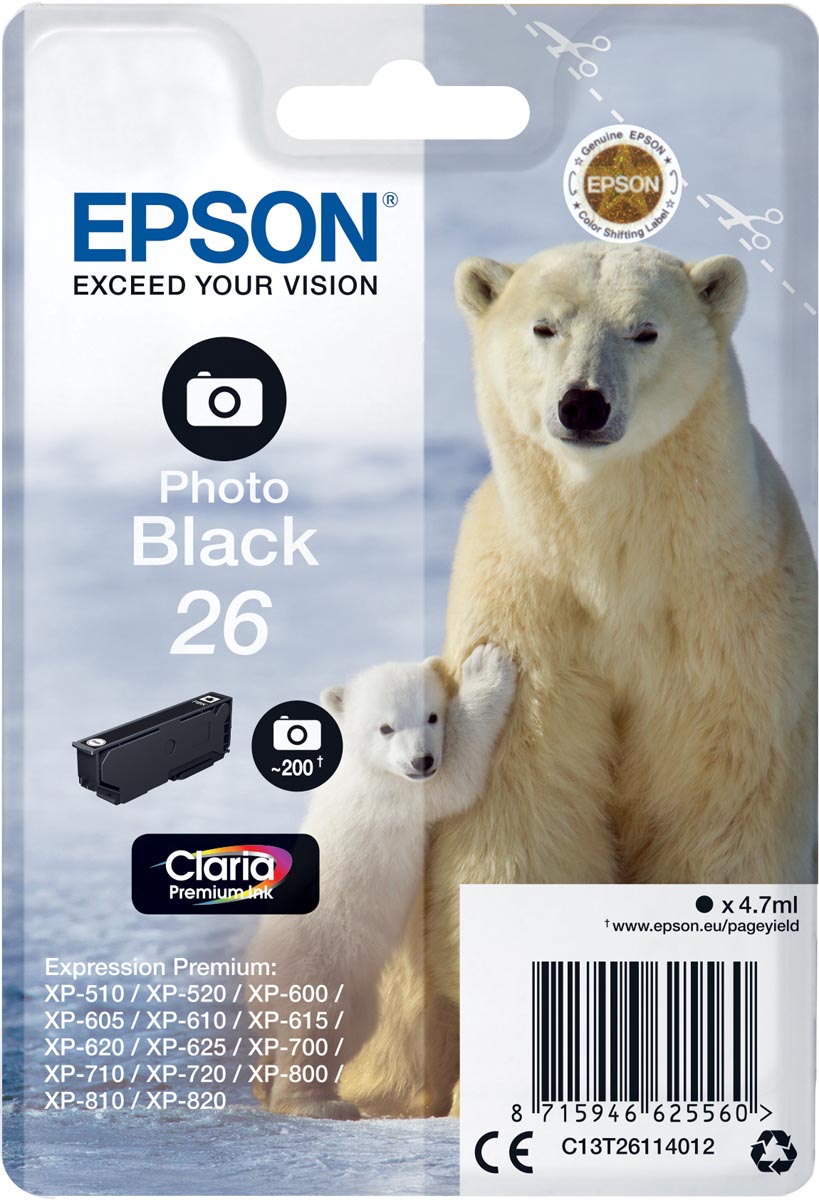 Epson inktcartridge 26, 200 pagina's, OEM C13T26114012, zwart