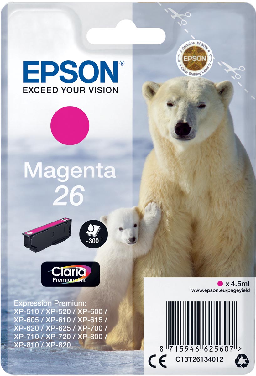 Epson inktcartridge 26, 300 pagina's, OEM C13T26134012, magenta