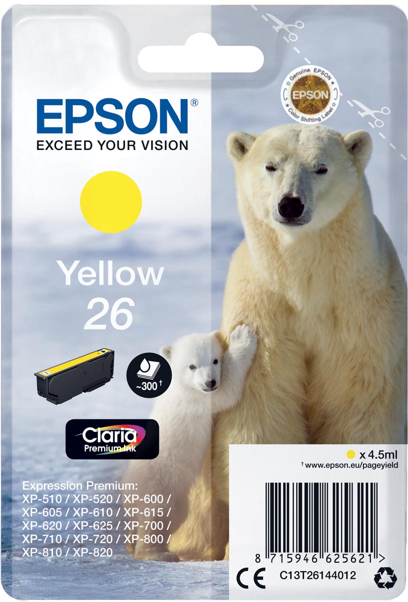 Epson inktcartridge 26, 300 pagina's, OEM C13T26144012, geel
