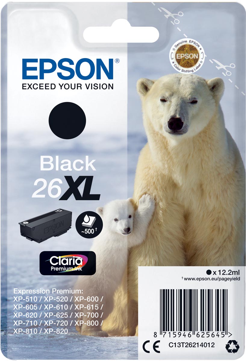 Epson inktcartridge 26XL, 500 pagina&apos;s, OEM C13T26214012, zwart afbeelding