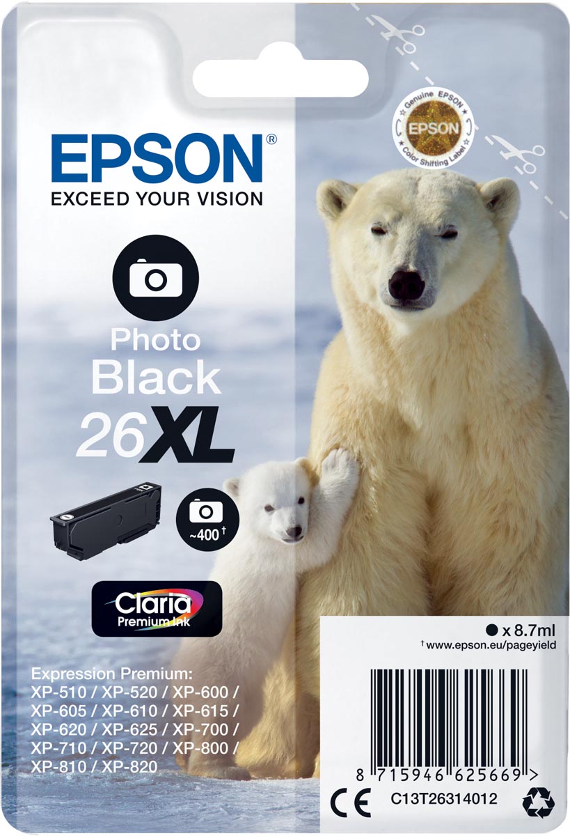 Epson inktcartridge 26XL, 400 pagina's, OEM C13T26314012, foto zwart