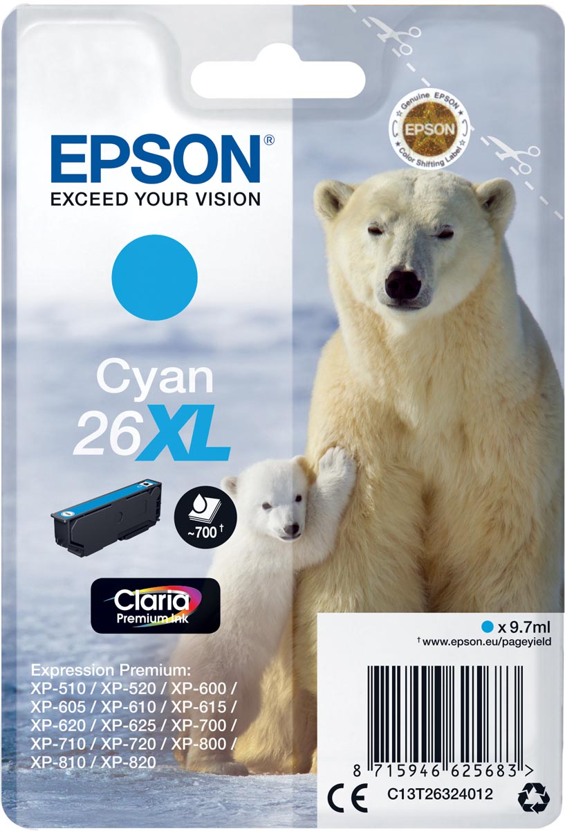 Epson inktcartridge 26XL, 700 pagina's, OEM C13T26324012, cyaan