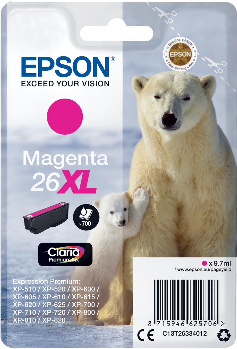 Epson inktcartridge 26XL, 700 pagina's, OEM C13T26334012, magenta