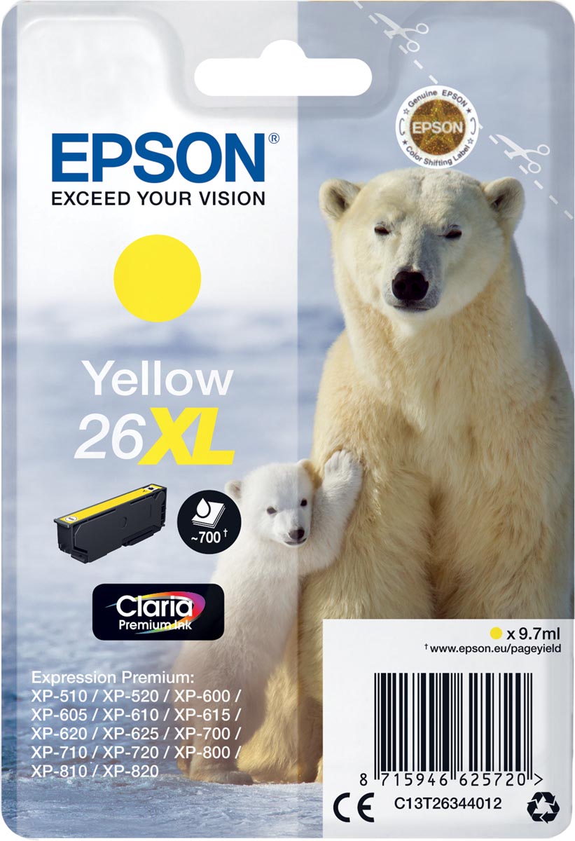 Epson inktcartridge 26XL, 700 pagina's, OEM C13T26344012, geel