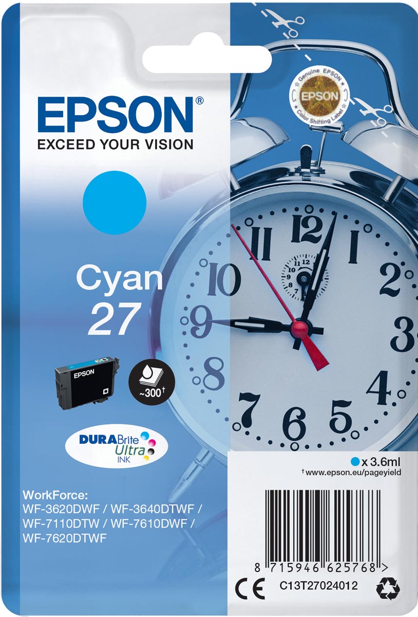 Epson inktcartridge 27, 300 pagina's, OEM C13T27024012, cyaan