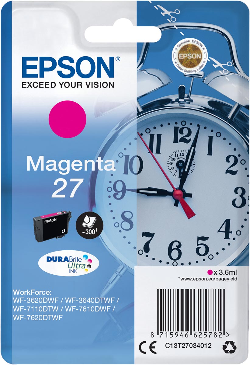 Epson inktcartridge 27, 300 pagina's, OEM C13T27034012, magenta