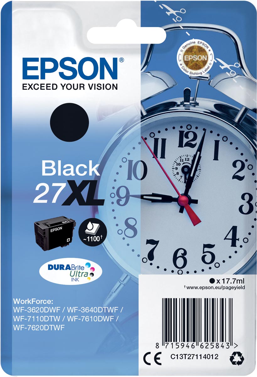 Epson inktcartridge 27XL, 1.100 pagina&apos;s, OEM C13T27114012, zwart afbeelding