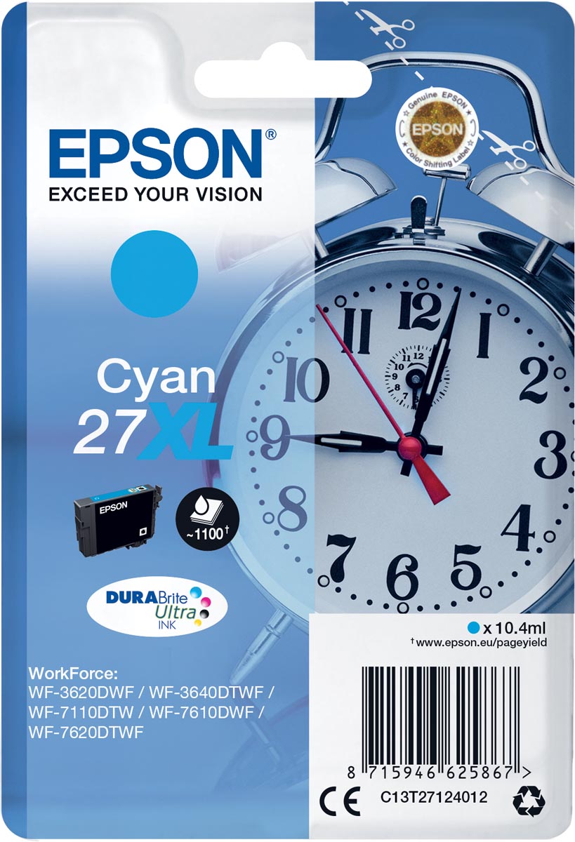 Epson inktcartridge 27XL, 1.100 pagina&apos;s, OEM C13T27124012, cyaan afbeelding