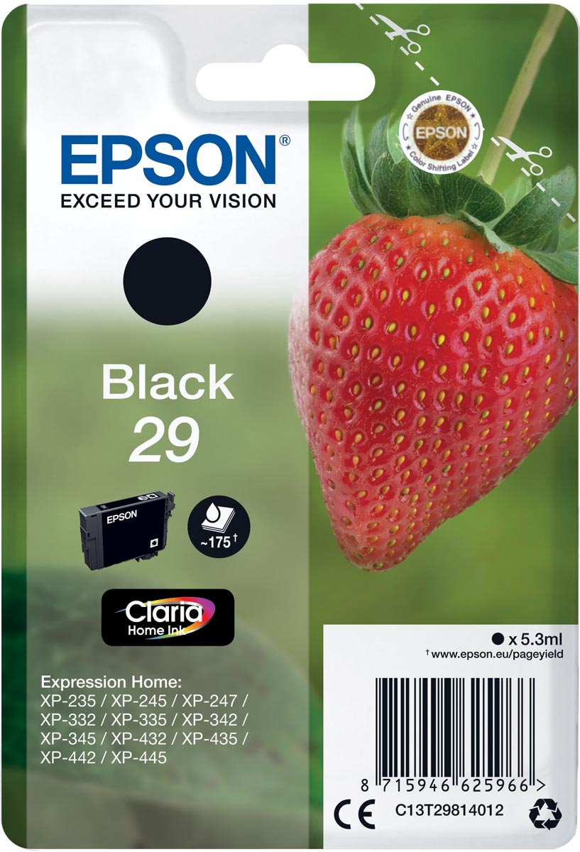 Epson inktcartridge 29, 175 pagina&apos;s, OEM C13T29814012, zwart afbeelding
