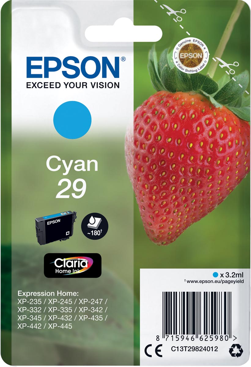 Epson inktcartridge 29, 180 pagina&apos;s, OEM C13T29824012, cyaan afbeelding