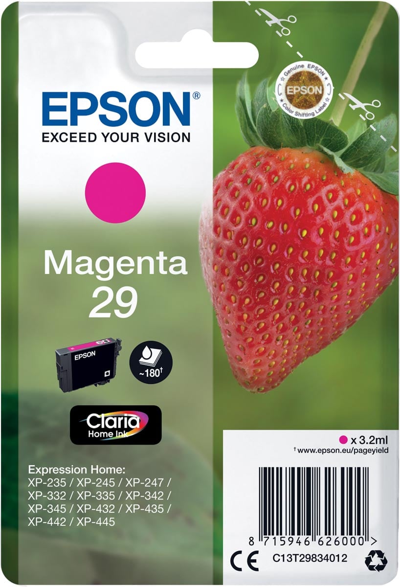 Epson inktcartridge 29, 180 pagina&apos;s, OEM C13T29834012, magenta afbeelding