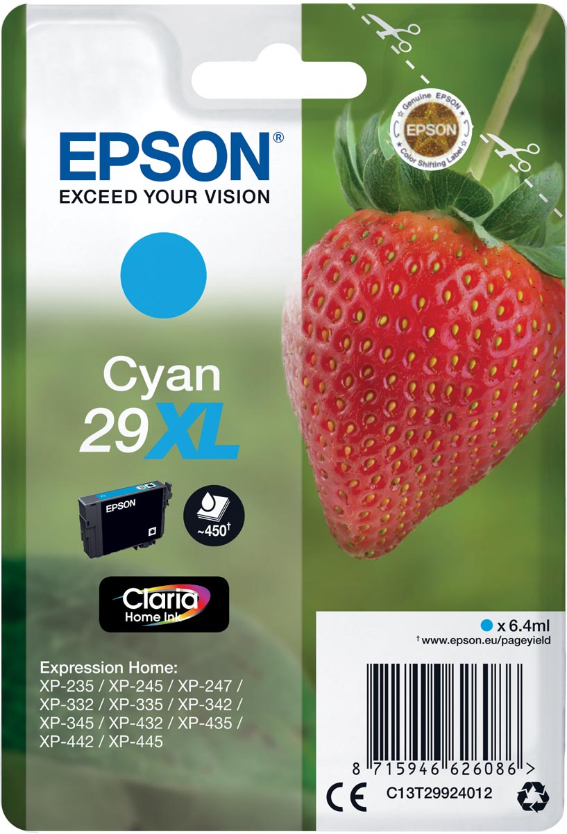 Epson inktcartridge 29X,L 450 pagina&apos;s, OEM C13T29924012, cyaan afbeelding