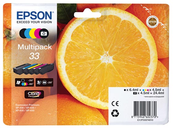 Epson inktcartridge 33, 200 - 300 pagina&apos;s, OEM C13T33374011, 5 kleuren afbeelding