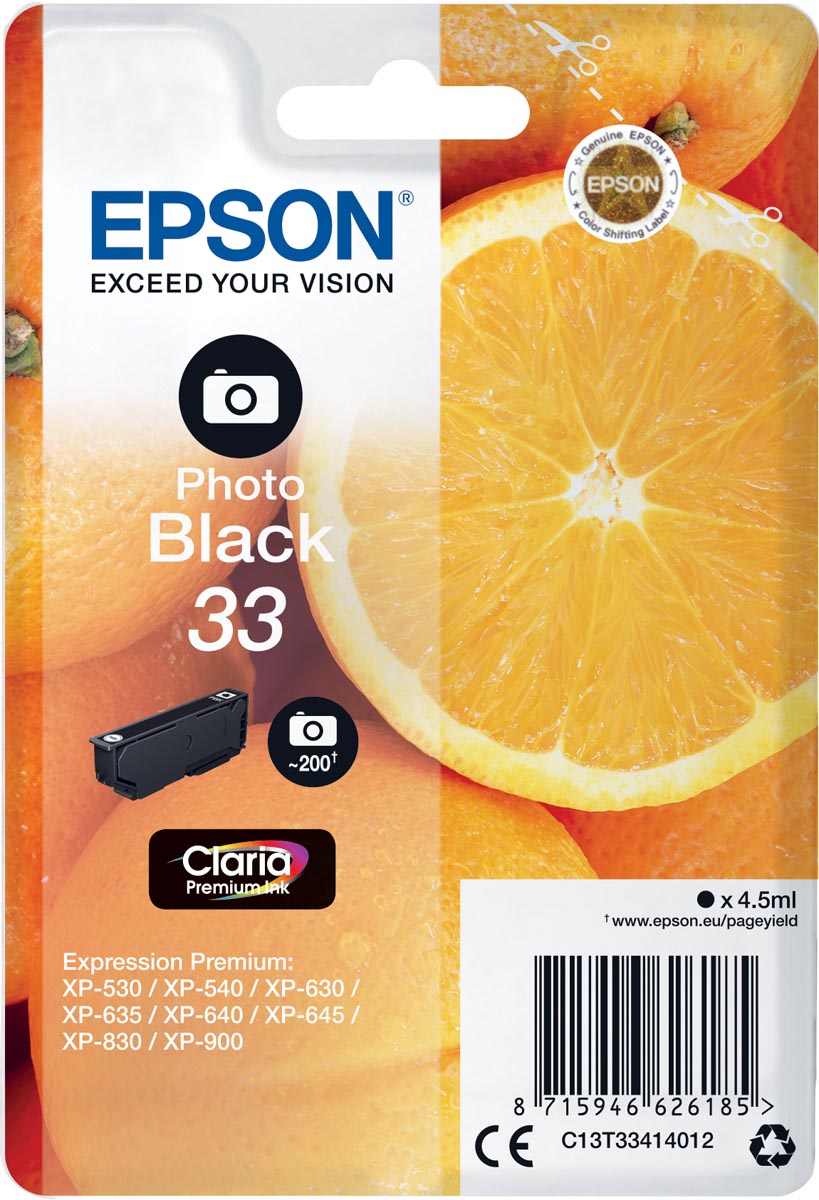 Epson inktcartridge 33, 200 pagina's, OEM C13T33414012, foto zwart