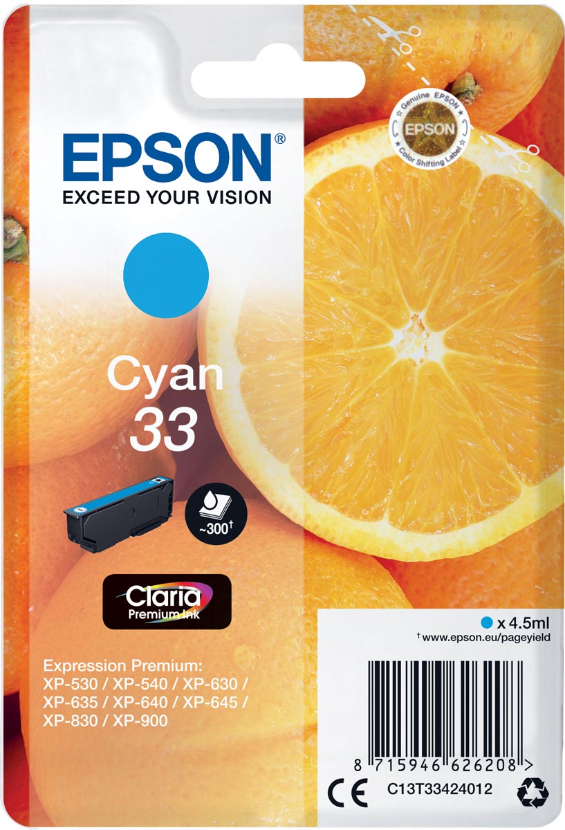 Epson inktcartridge 33, 300 pagina's, OEM C13T33424012, cyaan