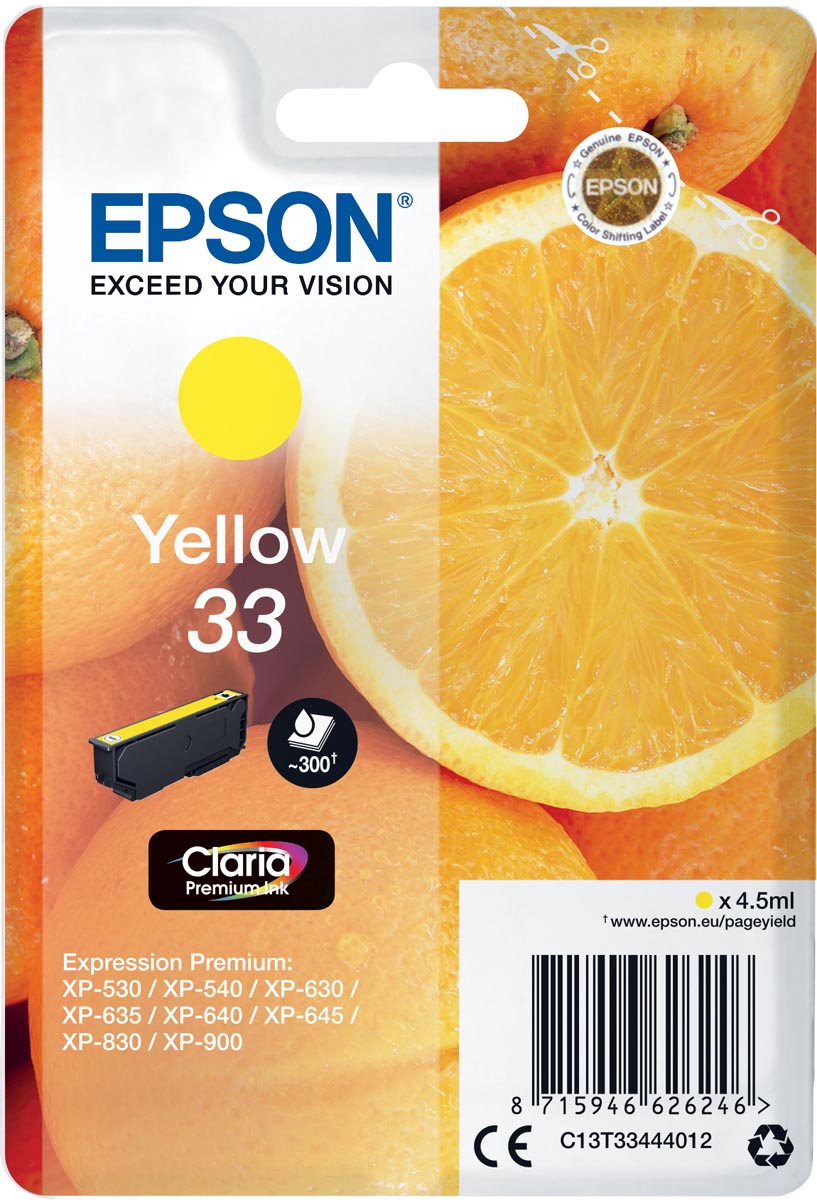 Epson inktcartridge 33, 300 pagina's, OEM C13T33444012, geel