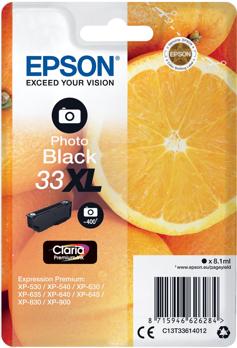 Epson inktcartridge 33XL, 400 pagina&apos;s, OEM C13T33614012, foto zwart afbeelding